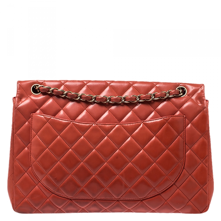 Pre Owned Chanel Orange Quilted Leather Maxi Classic Single Flap Bag