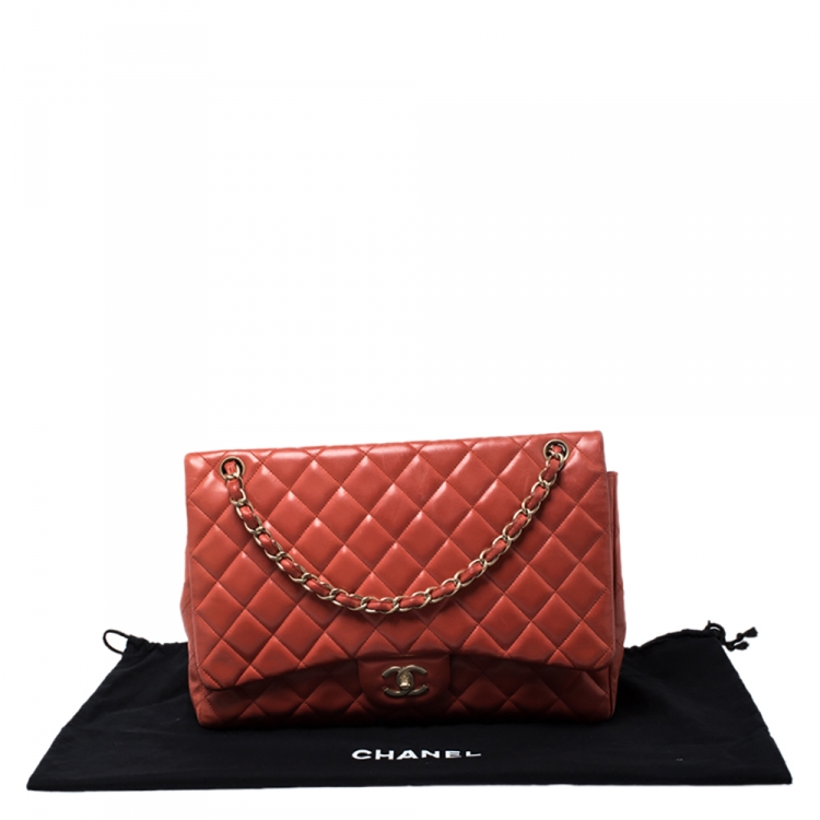 Pre Owned Chanel Orange Quilted Leather Maxi Classic Single Flap Bag