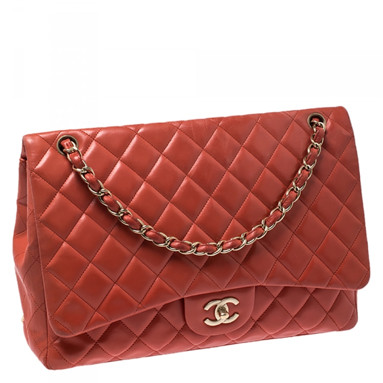 Pre Owned Chanel Orange Quilted Leather Maxi Classic Single Flap Bag