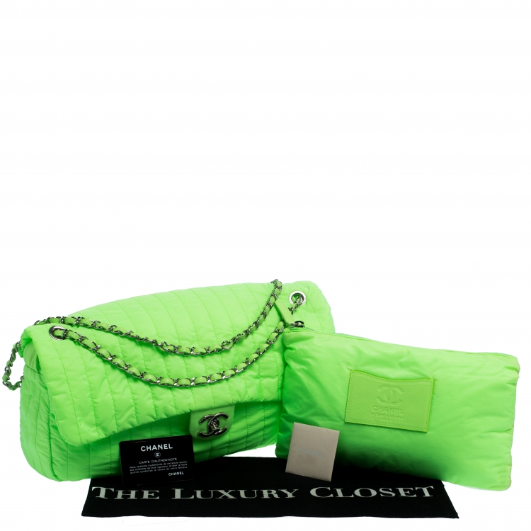 Pre Owned Chanel Neon Green Vertical Quilted Nylon Flap Bag