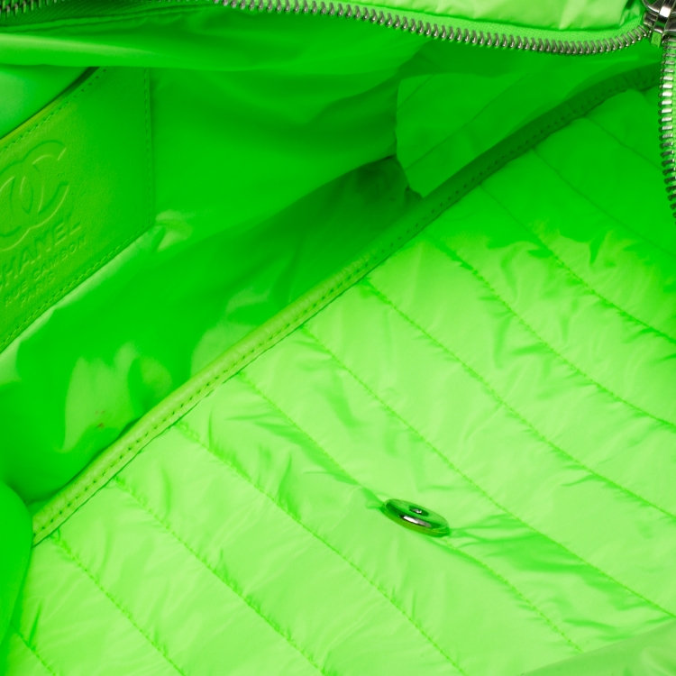 Pre Owned Chanel Neon Green Vertical Quilted Nylon Flap Bag