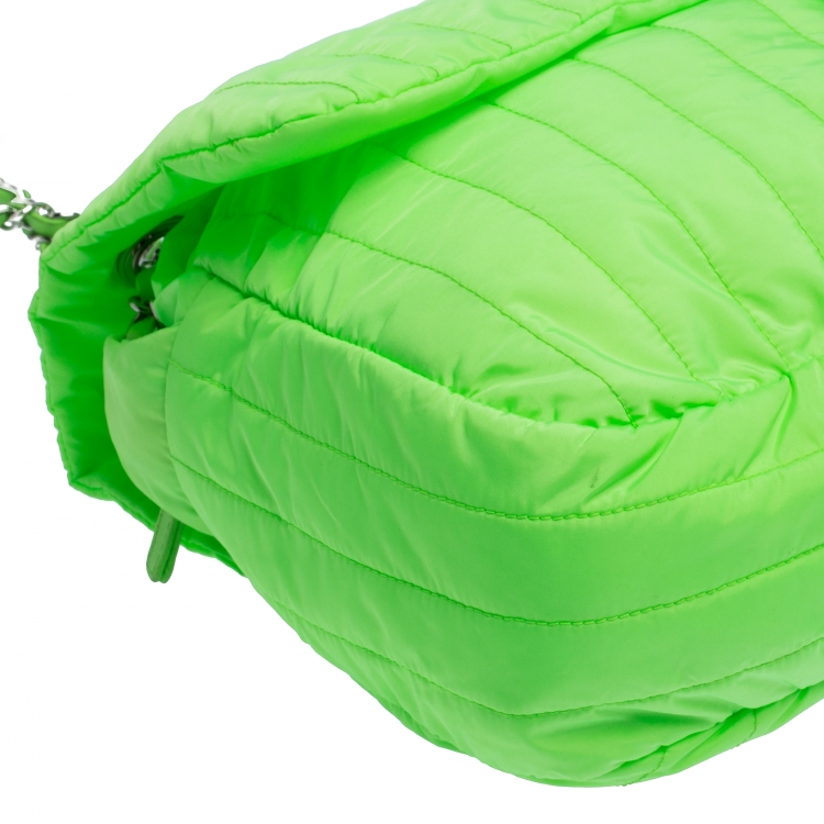 Pre Owned Chanel Neon Green Vertical Quilted Nylon Flap Bag