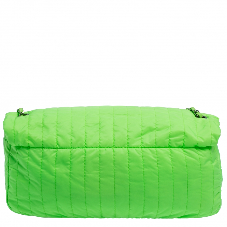 Pre Owned Chanel Neon Green Vertical Quilted Nylon Flap Bag