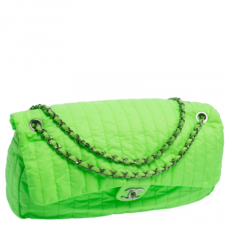 Pre Owned Chanel Neon Green Vertical Quilted Nylon Flap Bag
