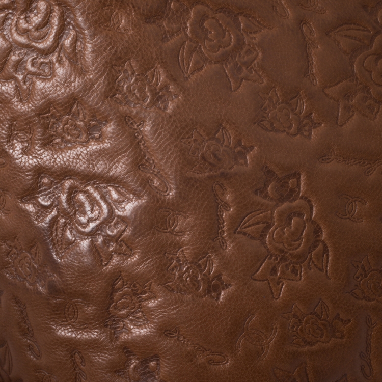 Pre Owned Chanel Brown Floral Embossed Leather Drawstring Bag