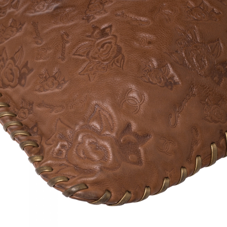 Pre Owned Chanel Brown Floral Embossed Leather Drawstring Bag