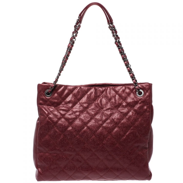 Pre Owned Chanel Metallic Red Caviar Leather Shopper Tote