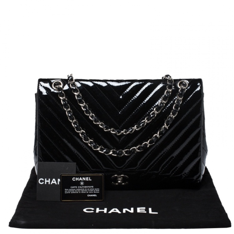Pre Owned Chanel Black Chevron Patent Leather Maxi Classic Single Flap Bag