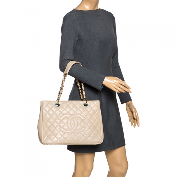 Pre Owned Chanel Beige Quilted Caviar Leather Grand Shopper Tote