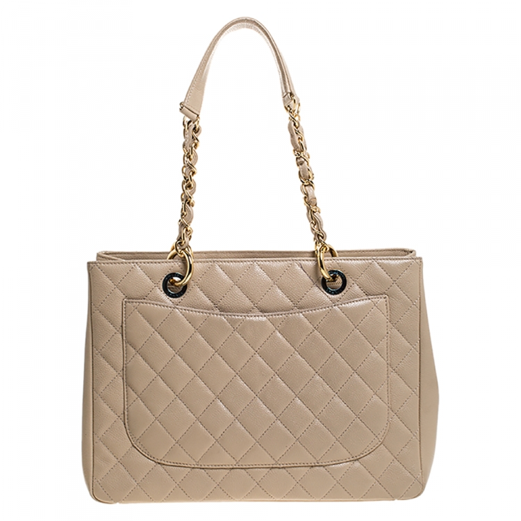 Pre Owned Chanel Beige Quilted Caviar Leather Grand Shopper Tote