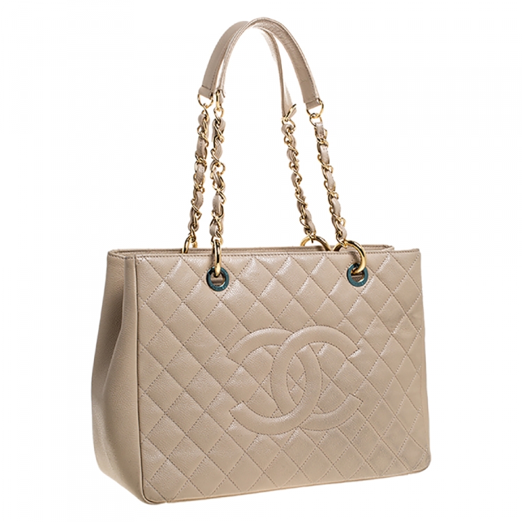 Pre Owned Chanel Beige Quilted Caviar Leather Grand Shopper Tote