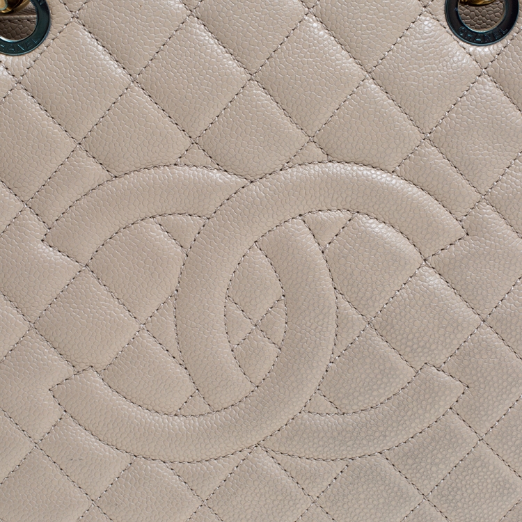 Pre Owned Chanel Beige Quilted Caviar Leather Grand Shopper Tote