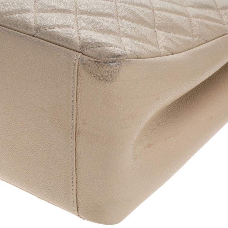 Pre Owned Chanel Beige Quilted Caviar Leather Grand Shopper Tote
