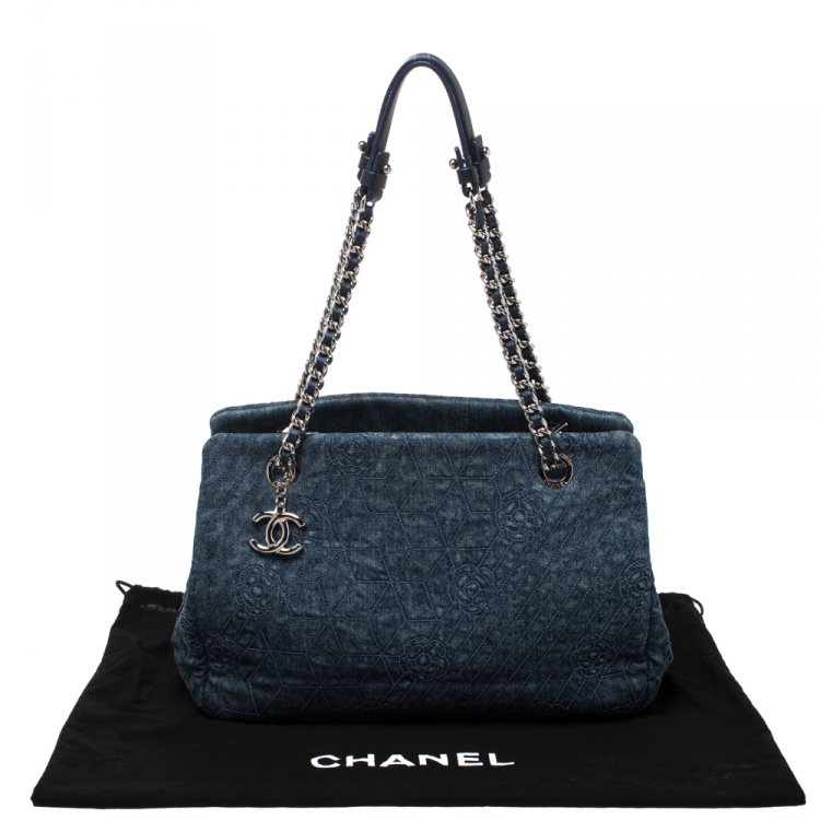 Pre Owned Chanel Blue Camellia Denim Just Mademoiselle Bowler Bag