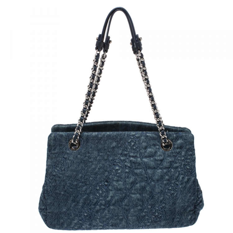 Pre Owned Chanel Blue Camellia Denim Just Mademoiselle Bowler Bag