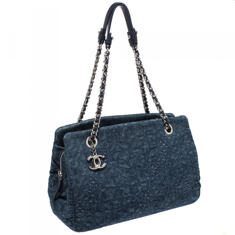Pre Owned Chanel Blue Camellia Denim Just Mademoiselle Bowler Bag