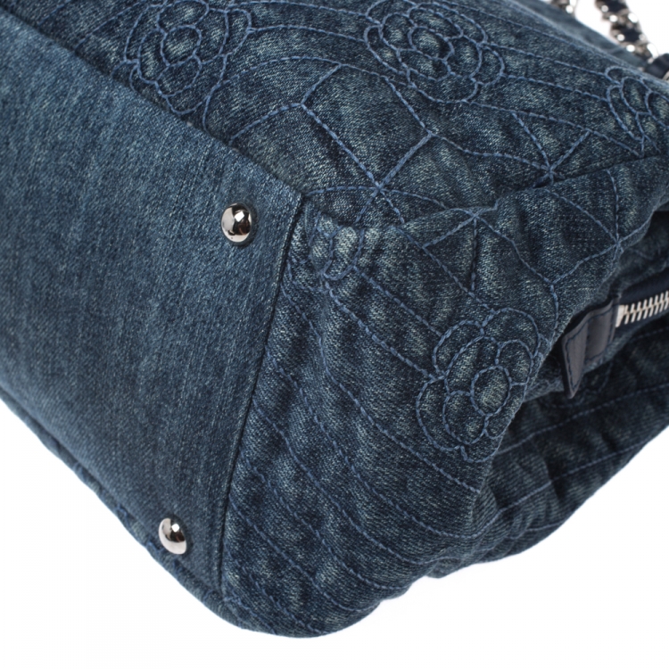 Pre Owned Chanel Blue Camellia Denim Just Mademoiselle Bowler Bag