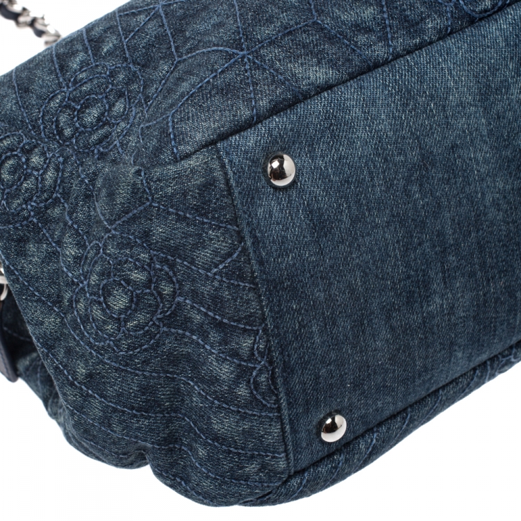 Pre Owned Chanel Blue Camellia Denim Just Mademoiselle Bowler Bag