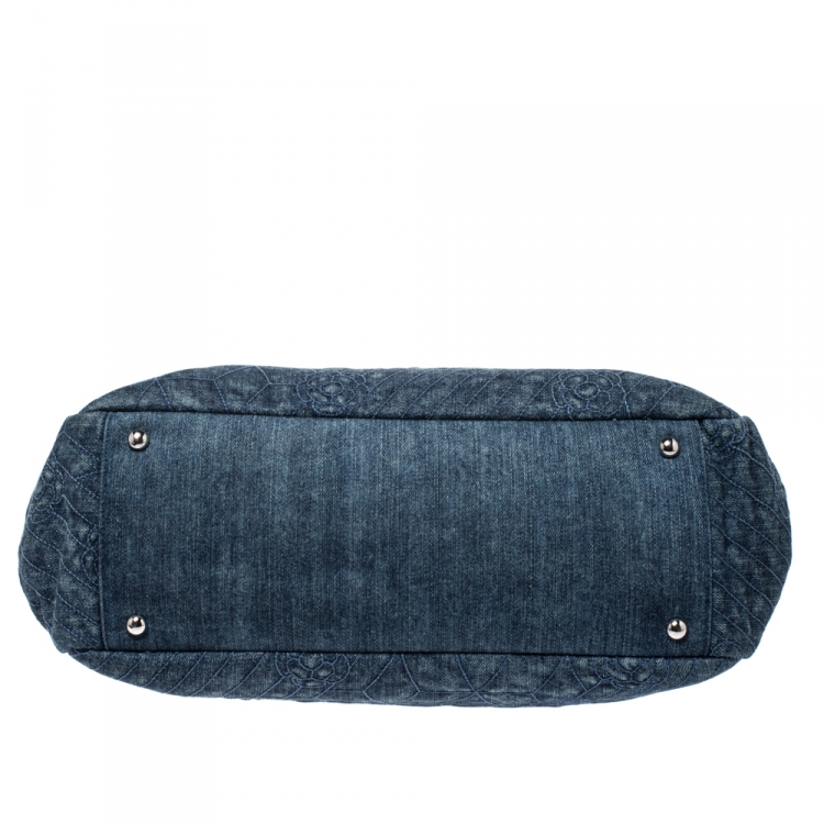 Pre Owned Chanel Blue Camellia Denim Just Mademoiselle Bowler Bag