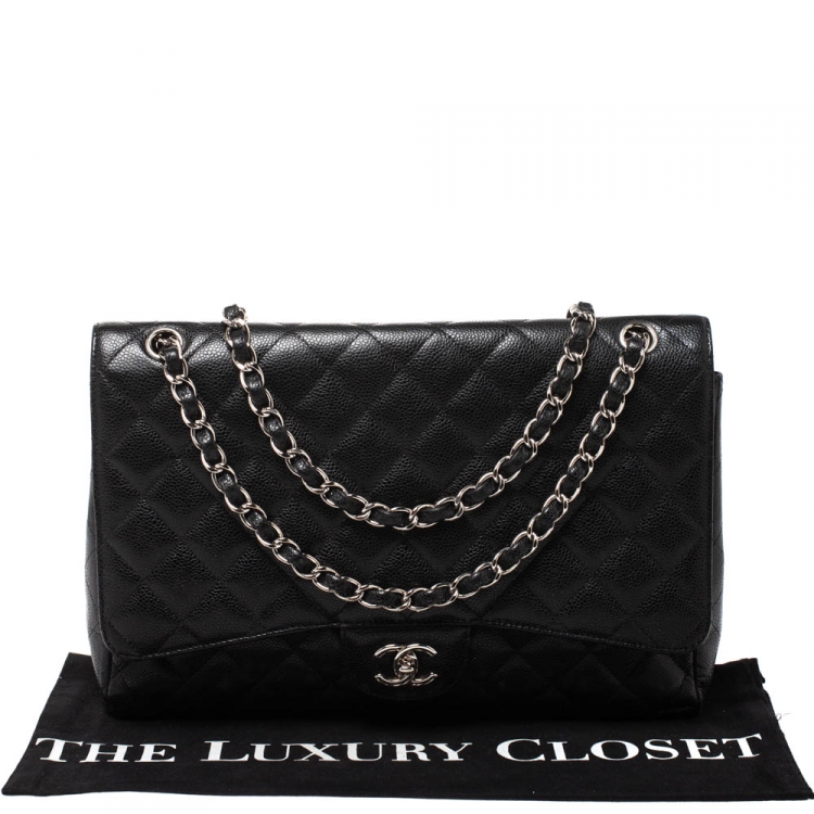 Pre Owned Chanel Black Quilted Caviar Leather Maxi Classic Single Flap Bag