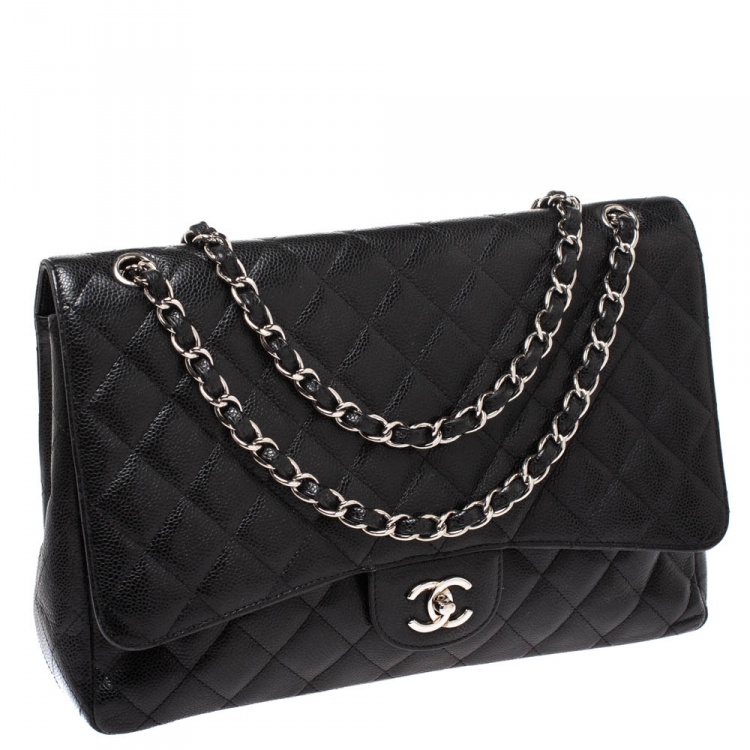 Pre Owned Chanel Black Quilted Caviar Leather Maxi Classic Single Flap Bag