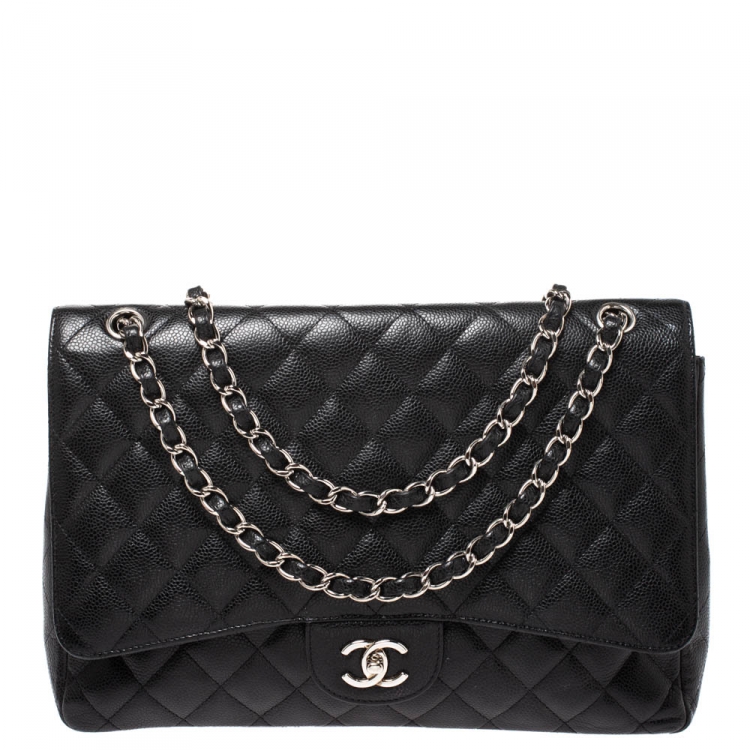 Pre Owned Chanel Black Quilted Caviar Leather Maxi Classic Single Flap Bag