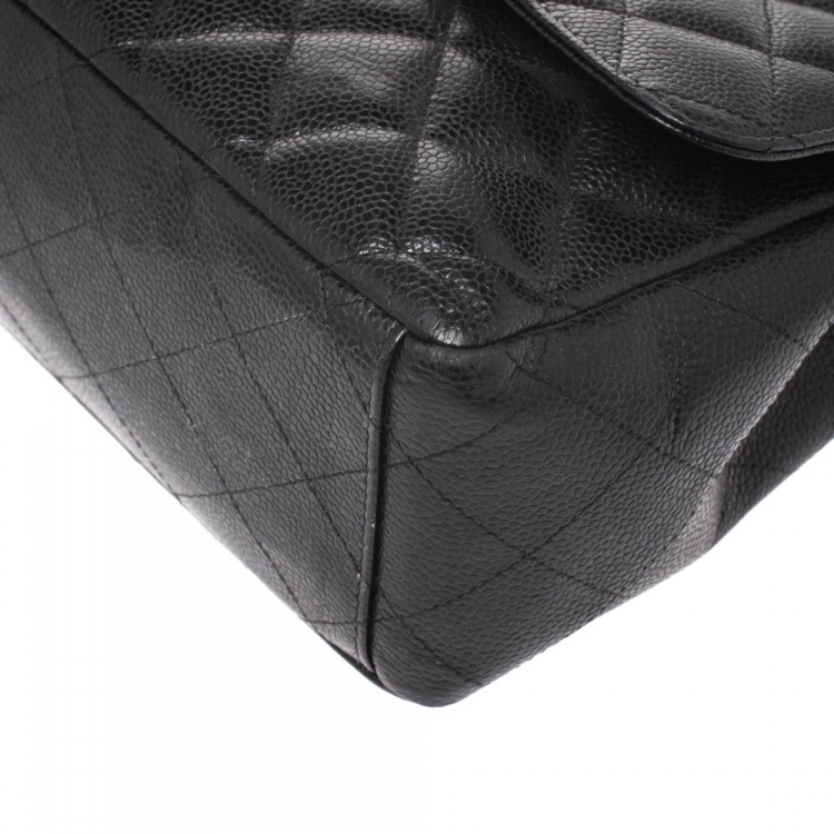Pre Owned Chanel Black Quilted Caviar Leather Maxi Classic Single Flap Bag