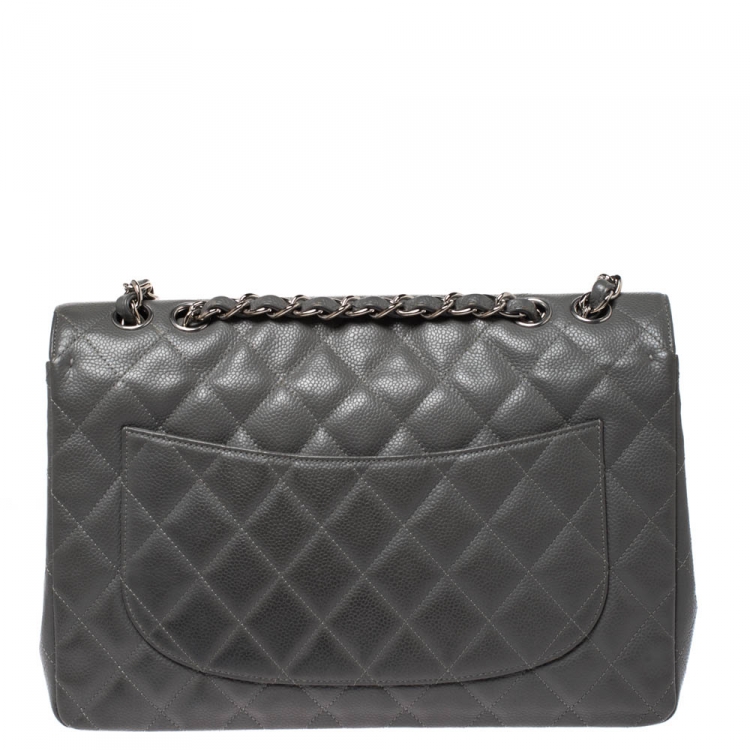 Pre Owned Chanel Grey Quilted Caviar Leather Jumbo Classic Single Flap Bag