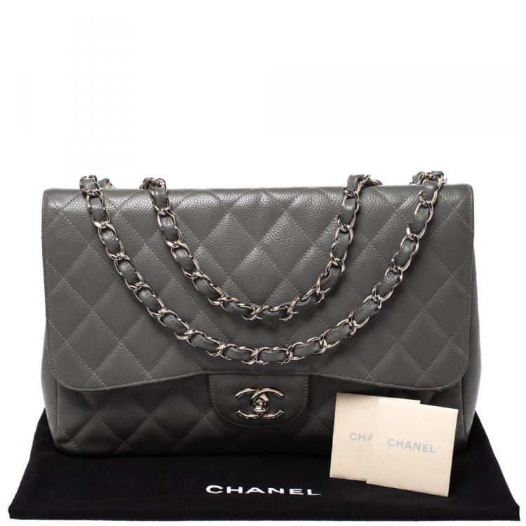 Pre Owned Chanel Grey Quilted Caviar Leather Jumbo Classic Single Flap Bag