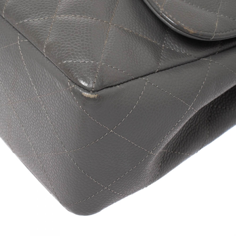 Pre Owned Chanel Grey Quilted Caviar Leather Jumbo Classic Single Flap Bag