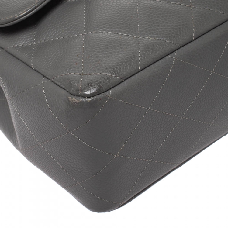 Pre Owned Chanel Grey Quilted Caviar Leather Jumbo Classic Single Flap Bag