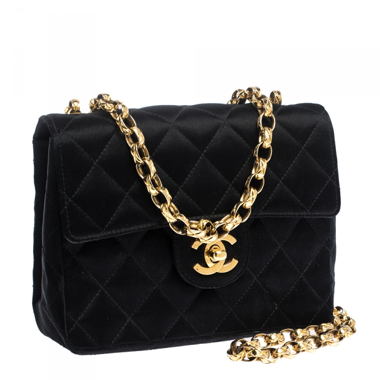 Pre Owned Chanel Black Quilted Satin Vintage Square Flap Bag
