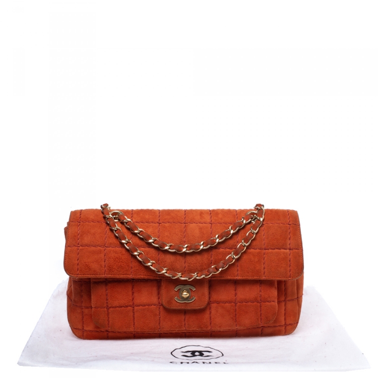 Pre Owned Chanel Orange Stitch Square Quilted Suede Single Flap Bag