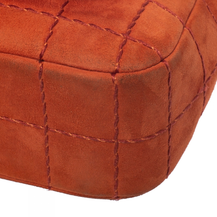 Pre Owned Chanel Orange Stitch Square Quilted Suede Single Flap Bag