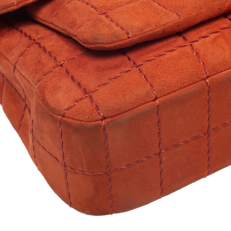 Pre Owned Chanel Orange Stitch Square Quilted Suede Single Flap Bag