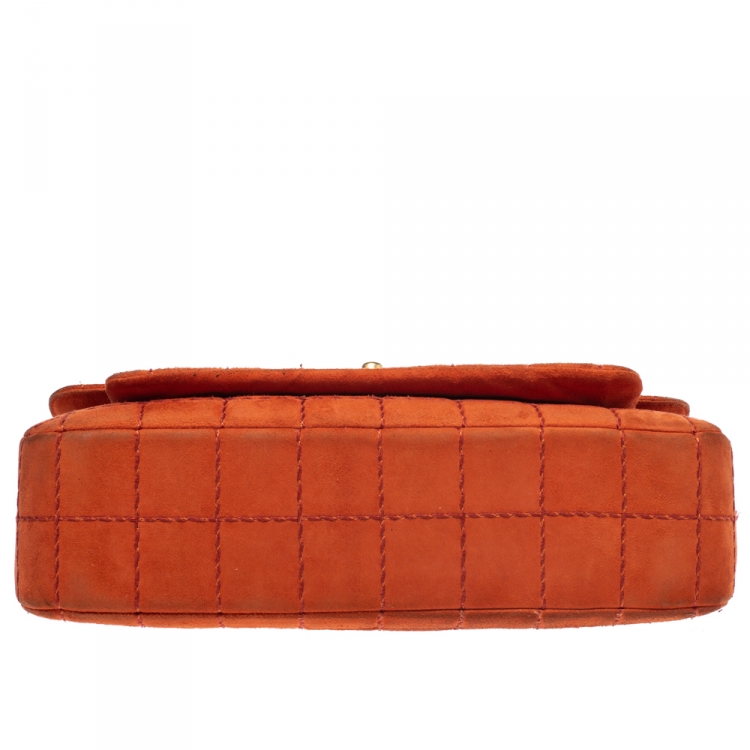 Pre Owned Chanel Orange Stitch Square Quilted Suede Single Flap Bag