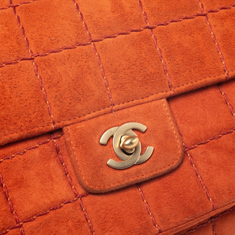 Pre Owned Chanel Orange Stitch Square Quilted Suede Single Flap Bag