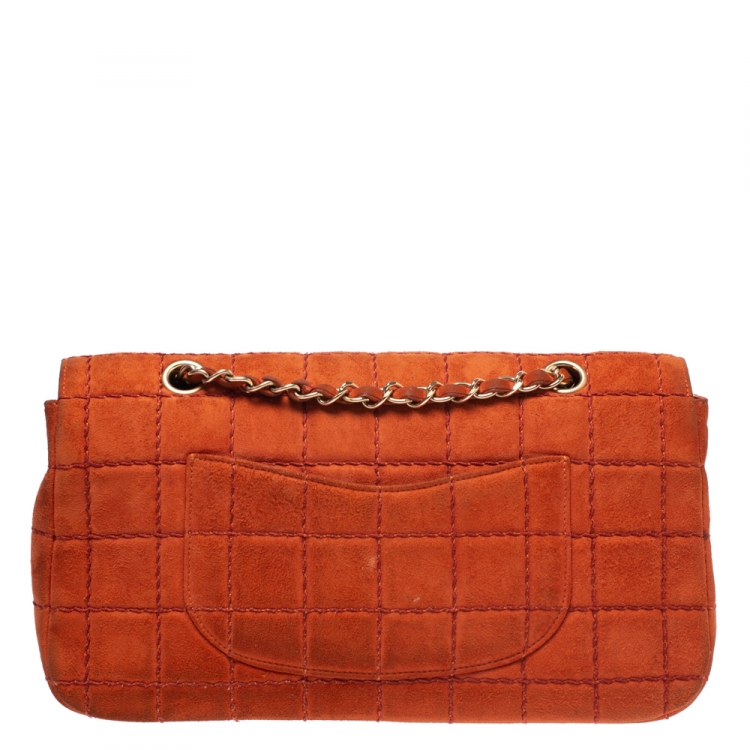 Pre Owned Chanel Orange Stitch Square Quilted Suede Single Flap Bag