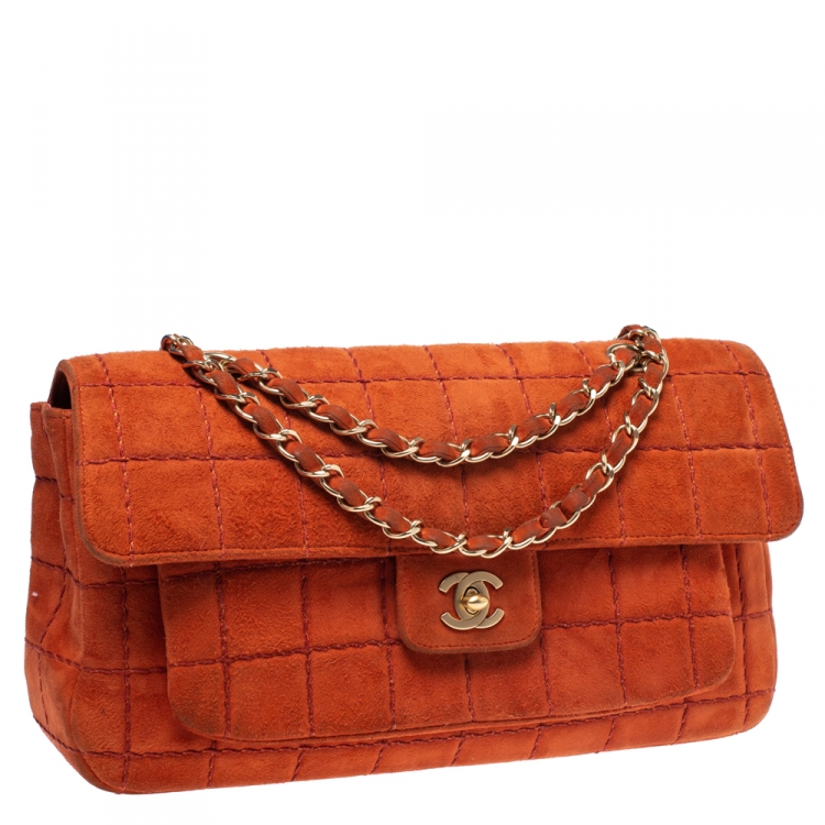 Pre Owned Chanel Orange Stitch Square Quilted Suede Single Flap Bag