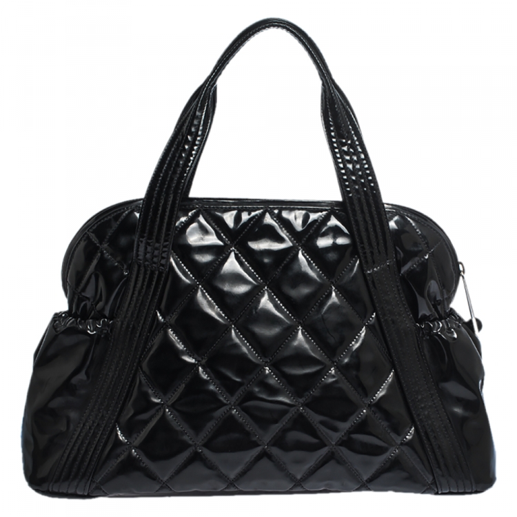 Pre Owned Chanel Black Quilted Patent Leather CC Bowler Bag