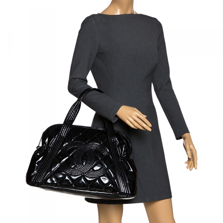 Pre Owned Chanel Black Quilted Patent Leather CC Bowler Bag