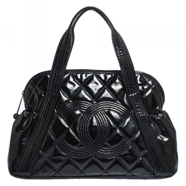 Pre Owned Chanel Black Quilted Patent Leather CC Bowler Bag