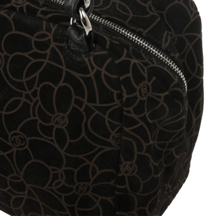 Pre Owned Chanel Black Suede Camelia Embossed Boston bag