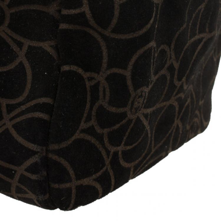 Pre Owned Chanel Black Suede Camelia Embossed Boston bag
