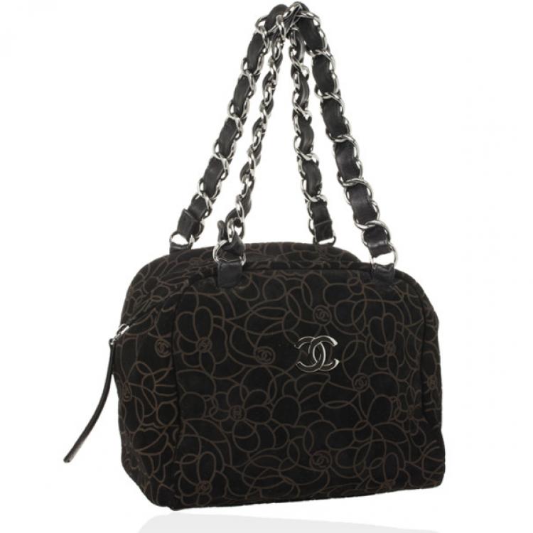 Pre Owned Chanel Black Suede Camelia Embossed Boston bag