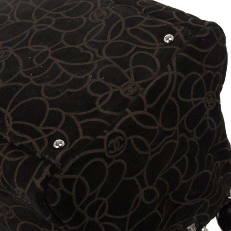 Pre Owned Chanel Black Suede Camelia Embossed Boston bag