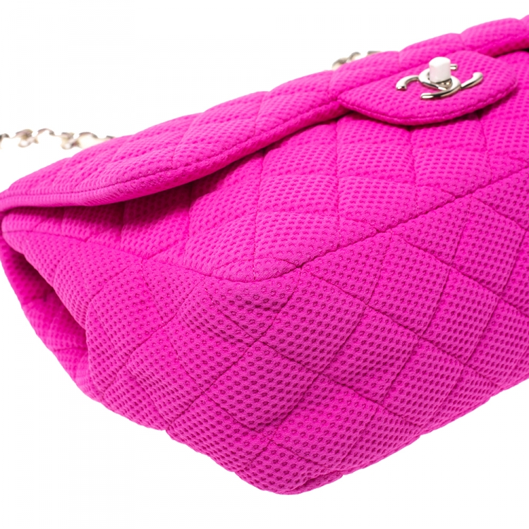 Pre Owned Chanel Pink/White Quilted Perforated Jersey Jumbo Classic Single Flap Bag         