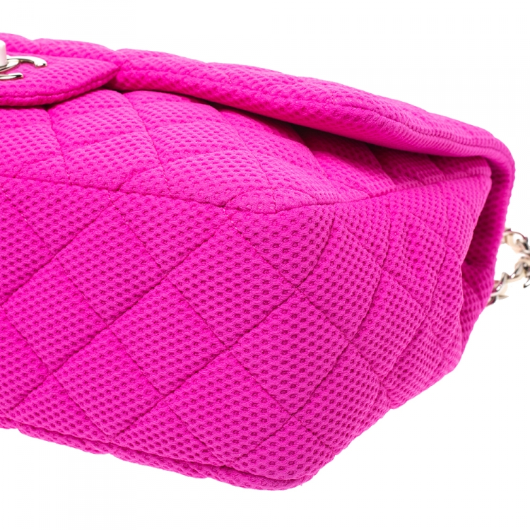 Pre Owned Chanel Pink/White Quilted Perforated Jersey Jumbo Classic Single Flap Bag         