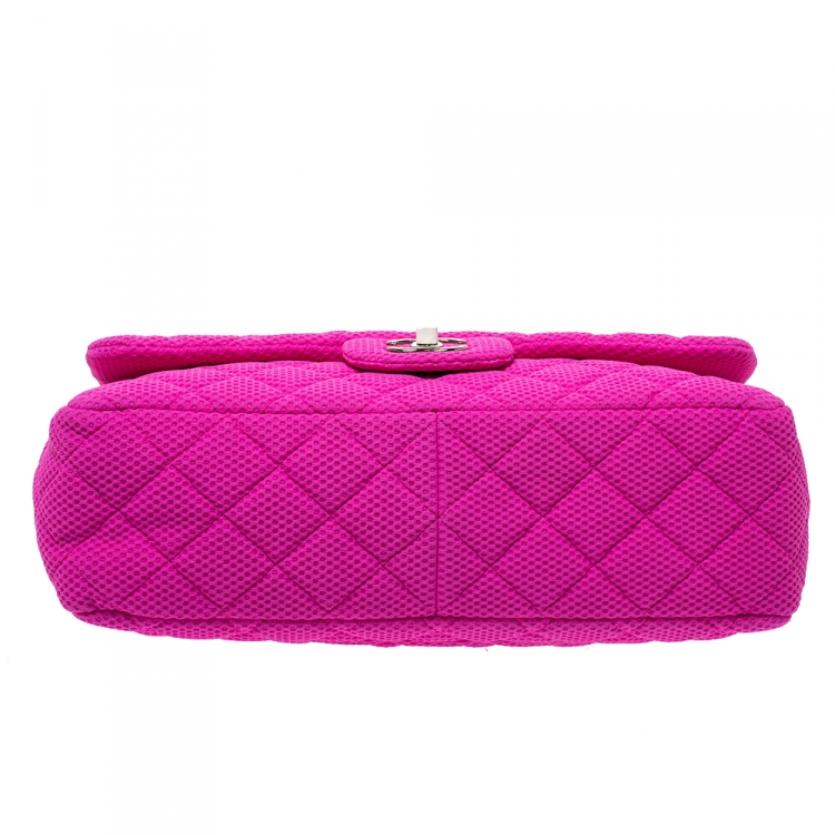 Pre Owned Chanel Pink/White Quilted Perforated Jersey Jumbo Classic Single Flap Bag         