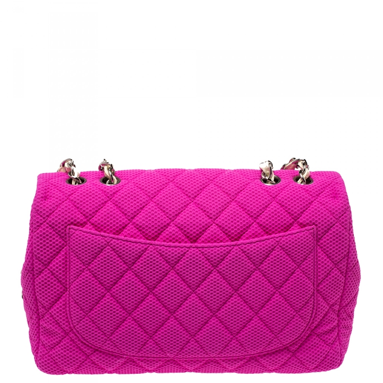 Pre Owned Chanel Pink/White Quilted Perforated Jersey Jumbo Classic Single Flap Bag         